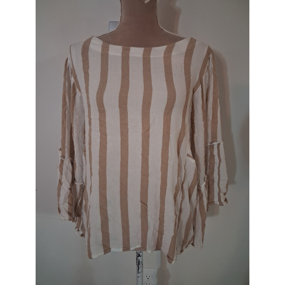Maurices Tan White Striped Ruffle Bell Sleeve Tie Back Blouse Top XL Boho Beach